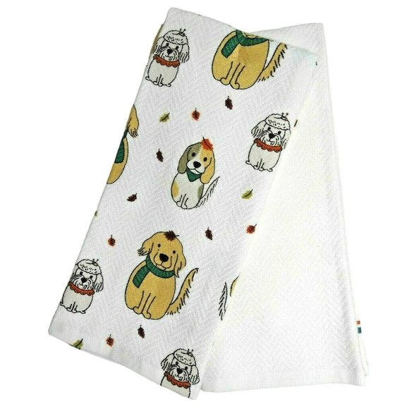 Envogue Fall Puppies Autumn Leaves Kitchen Towels White Tan Dogs Scarves 2-Pc - Picture 2 of 2